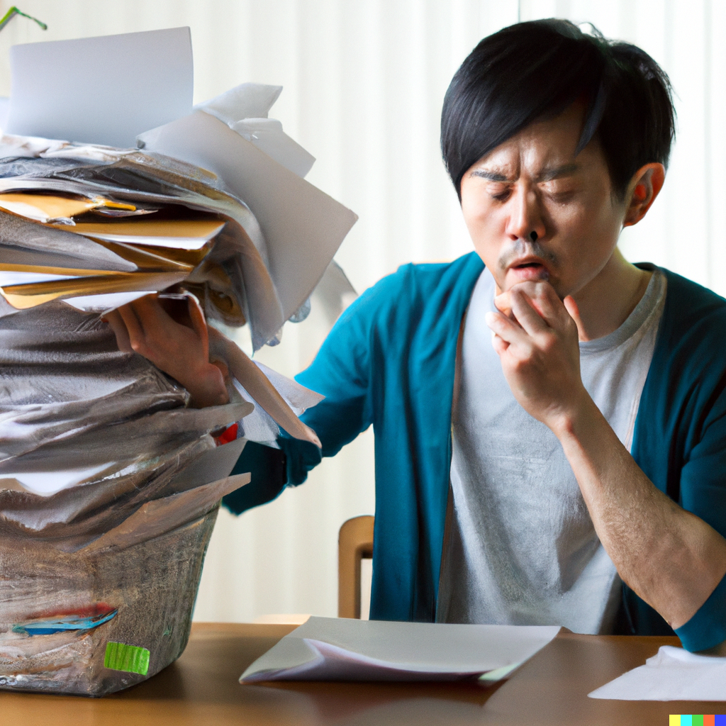 Exasperated person looking at a mountain of paperwork